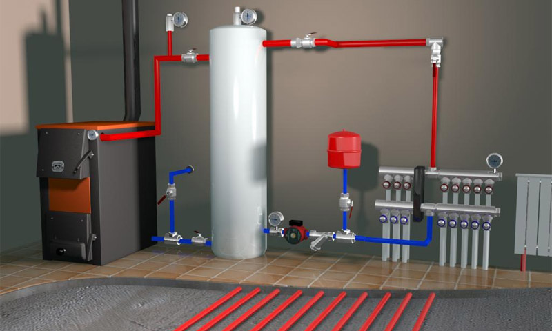 Heating a country house with a solid fuel boiler, strapping schemes